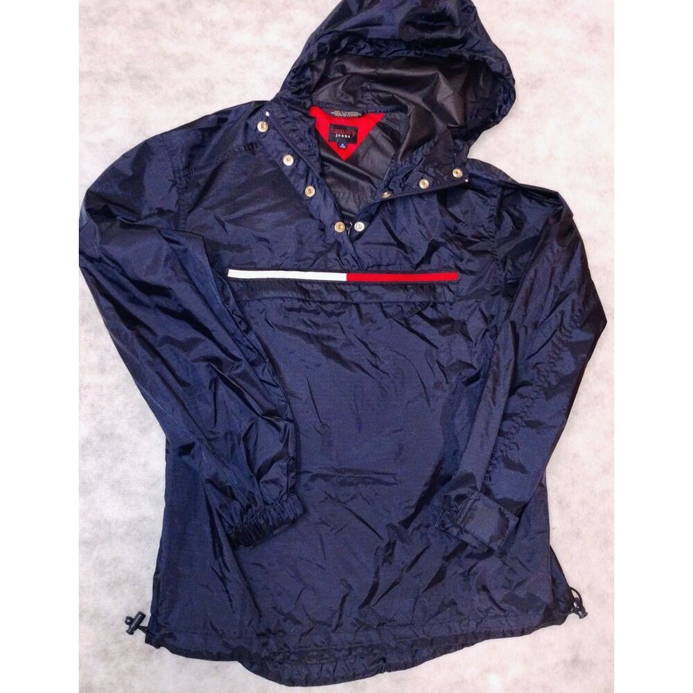 Tommy Navy Hooded Windbreaker Vintage Flag Stripe Pullover Jacket – Men’s Size s